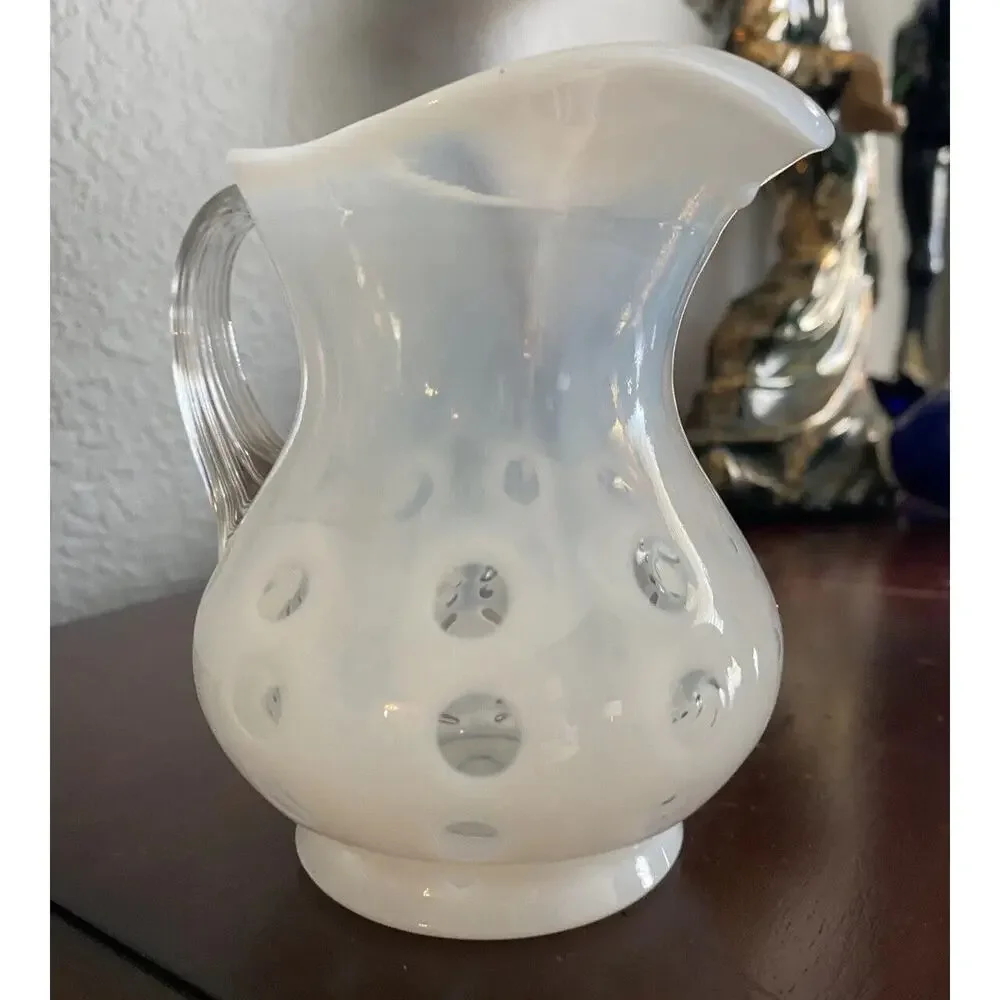 Vintage Fenton White Coin Dot Creamer Pitcher Small Opalescent 4” Glass Vase